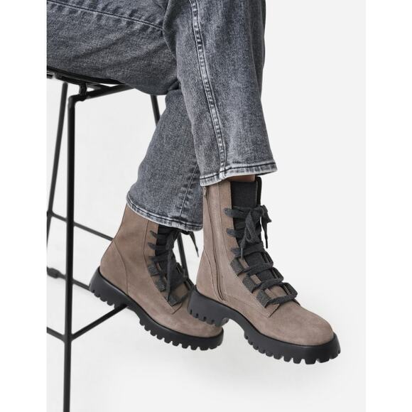 VANELI Zabou Mid Calf Combat Boot Dark Taupe Waterproof Suede Women's 7.5M - Picture 1 of 10